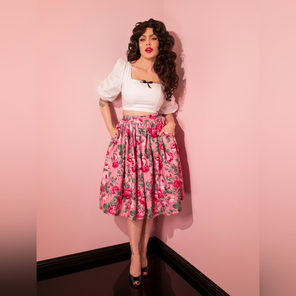 [SOLD] NWT Vixen By Micheline Pitt Pink Floral Swing Skirt, size Small